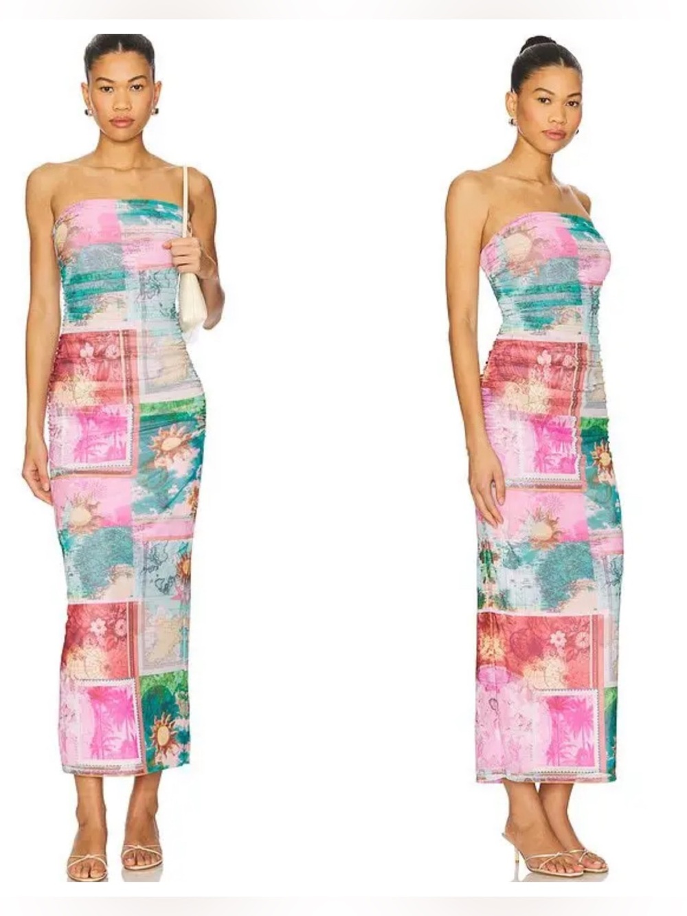 AFRM Marlo ruched mesh strapless midi dress in tropic postcard resort wear M